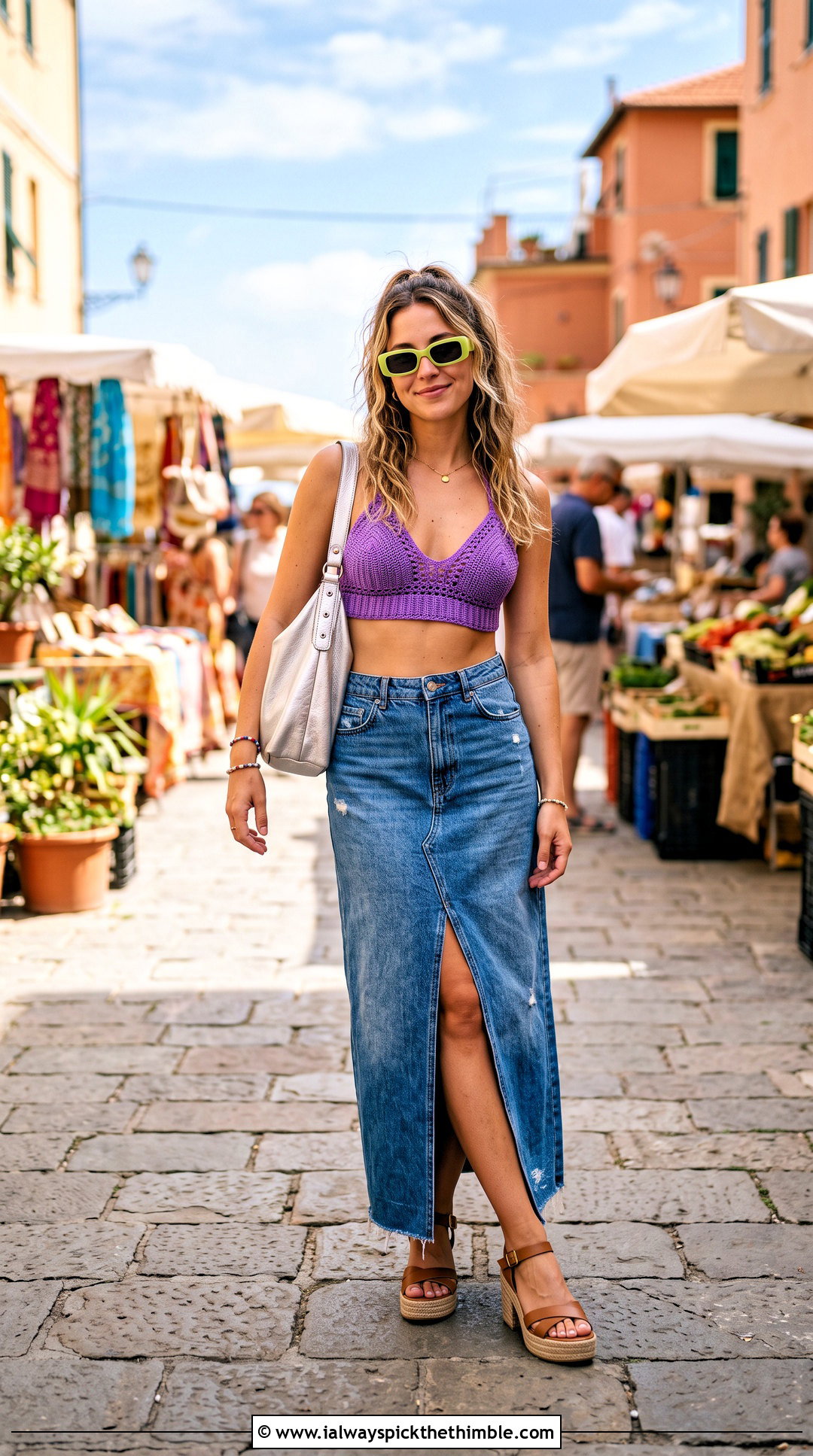 Crochet Bralette Bikini With Denim Maxi Skirt - 25 crochet swimwear outfit ideas