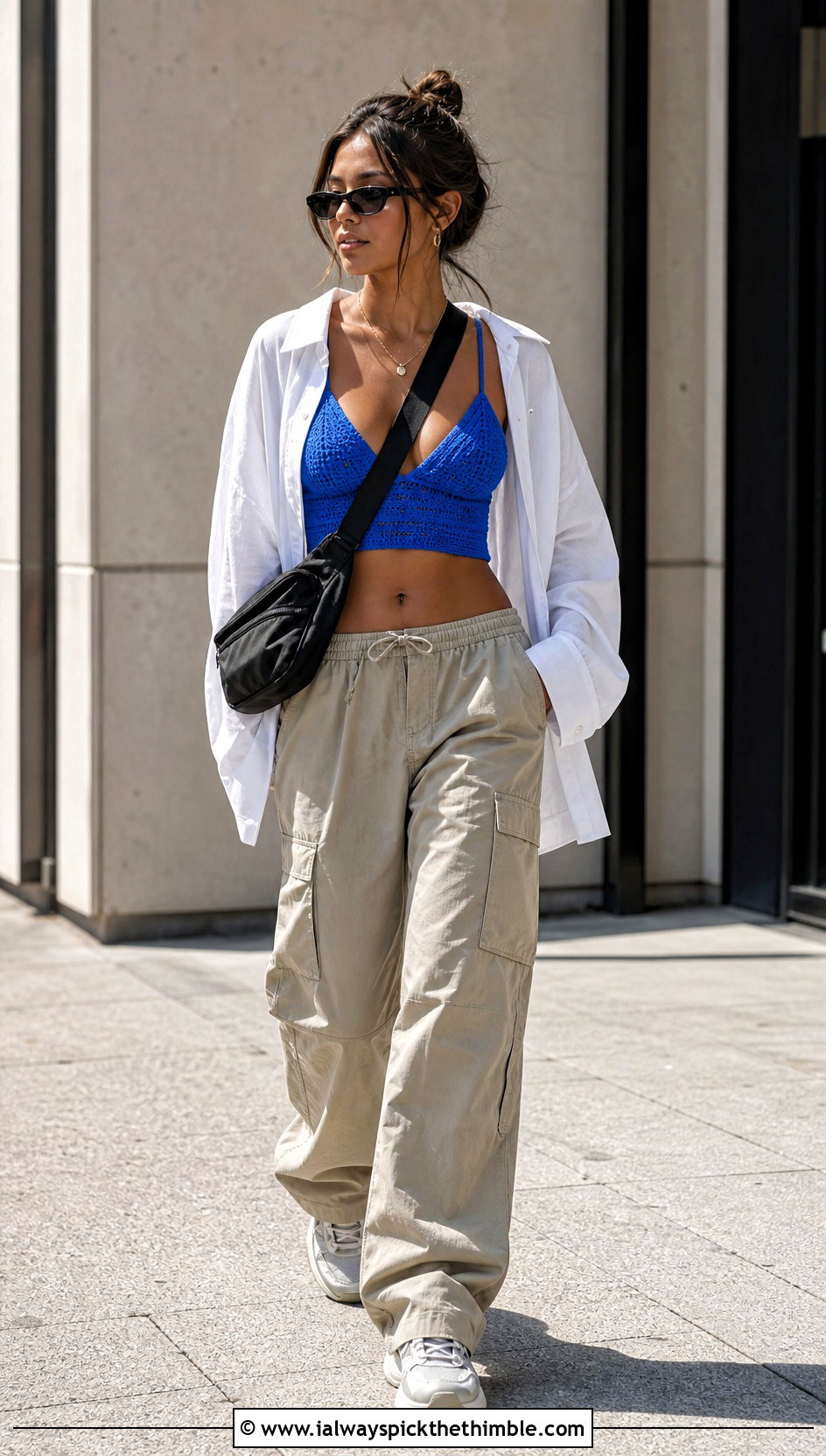 Crochet Bralette Crop Top With Oversized Shirt And Cargo Pants - 20 Crochet Crop Top Inspiration outfit ideas