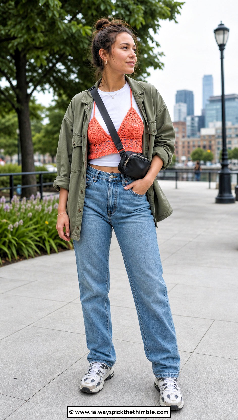 Crochet Bralette Top With Utility Overshirt And Jeans - 25 freehand crochet top outfit ideas