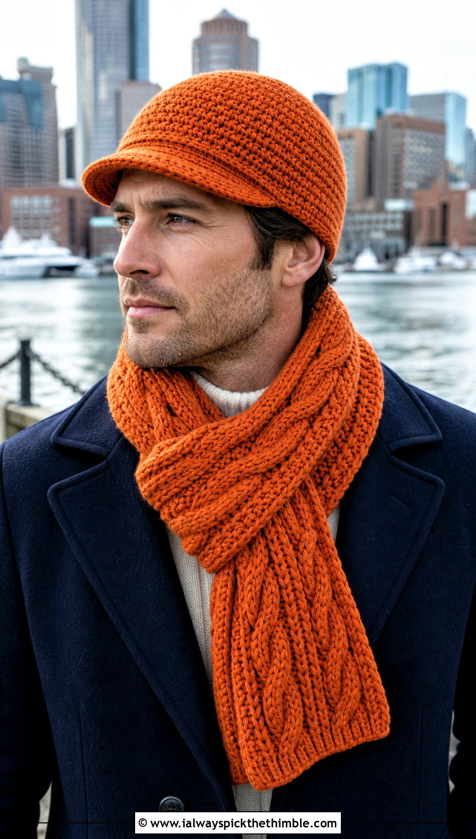 Crochet Brimmed Hat And Cable Scarf With Peacoat - 20 Crochet Mens Hat And Scarf outfit ideas