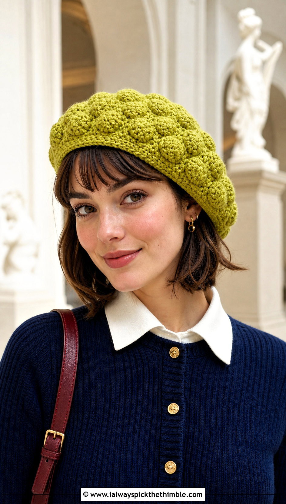Crochet Bubble Beret With Cardigan And Pleated Skirt - 20 Crochet Bubble Hat outfit ideas