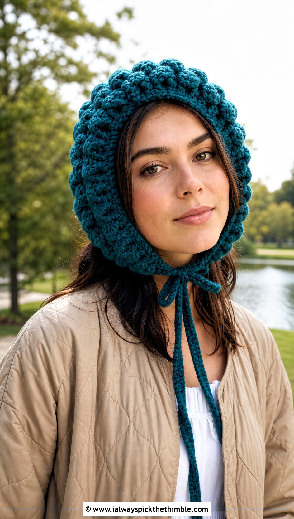 Crochet Bubble Bonnet With Quilted Jacket And Maxi Dress - 20 Crochet Bubble Hat outfit ideas