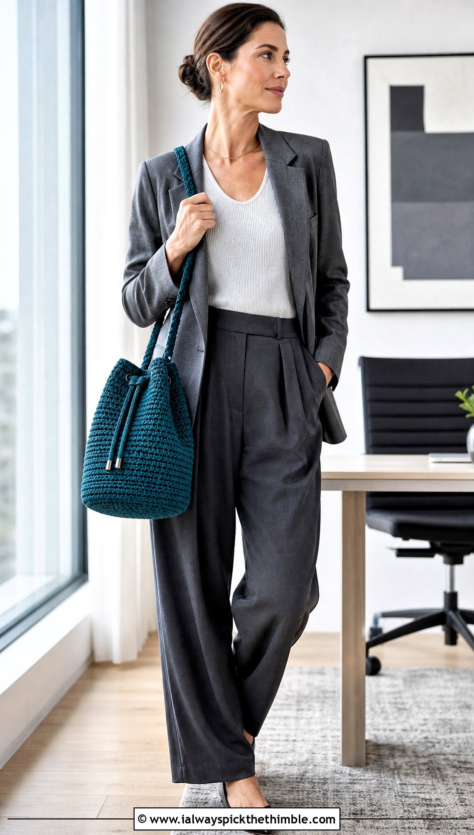 Crochet Bucket Bag With Tailored Trousers - 25 crochet bag outfit ideas