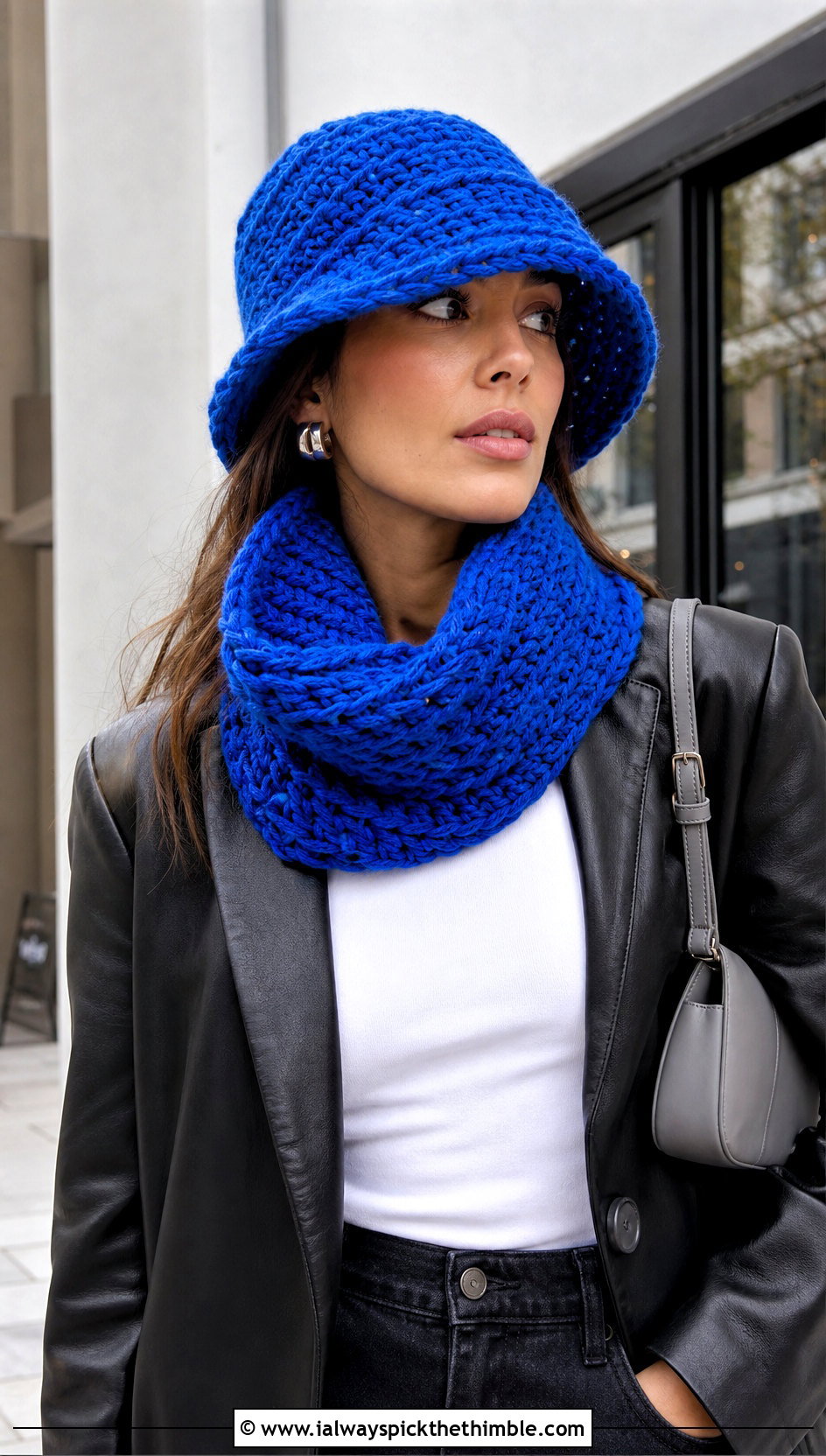Crochet Bucket Hat And Infinity Scarf With Leather Blazer - 25 crochet hat and scarf set outfit ideas