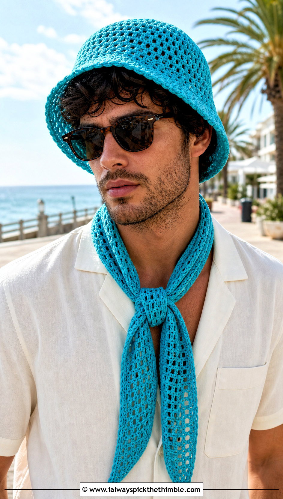 Crochet Bucket Hat And Mesh Scarf With Camp Collar Shirt - 20 Crochet Mens Hat And Scarf outfit ideas