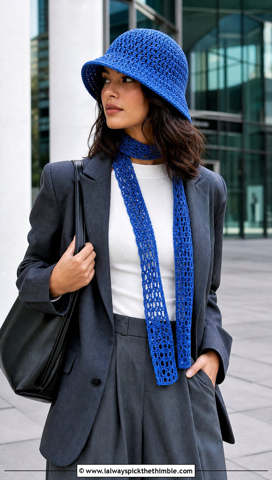 Crochet Bucket Hat And Skinny Scarf With Oversized Blazer - 20 crochet hat and scarf outfit ideas
