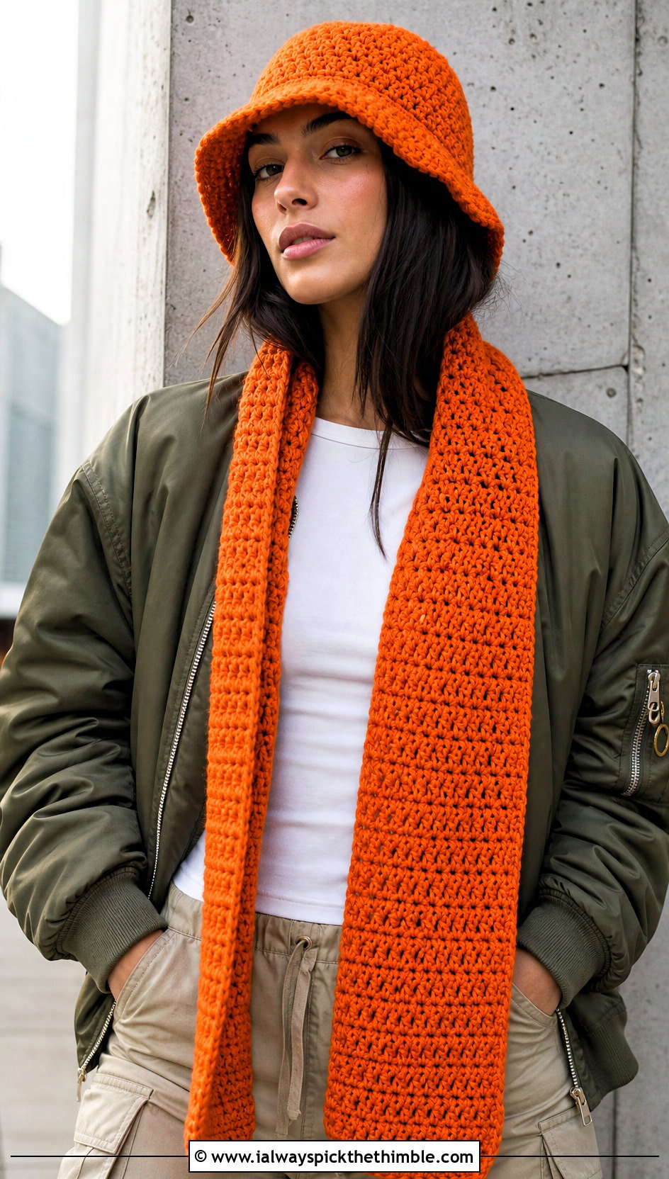 Crochet Bucket Hat And Straight Scarf With Bomber Jacket - 20 crochet scarf hat combo outfit ideas