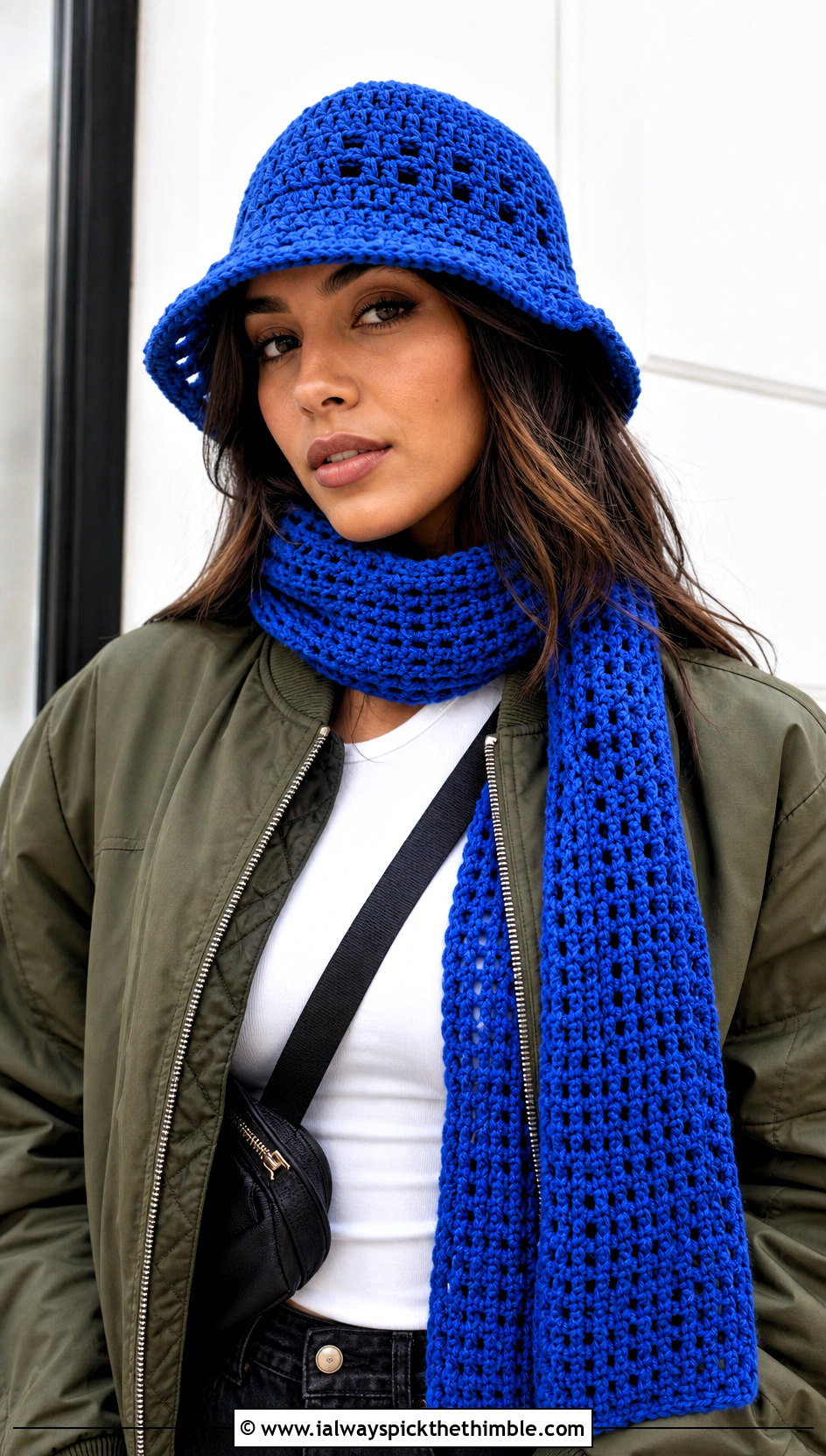 Crochet Bucket Hat And Straight Scarf With Bomber Jacket - 20 crochet hat scarf outfit ideas