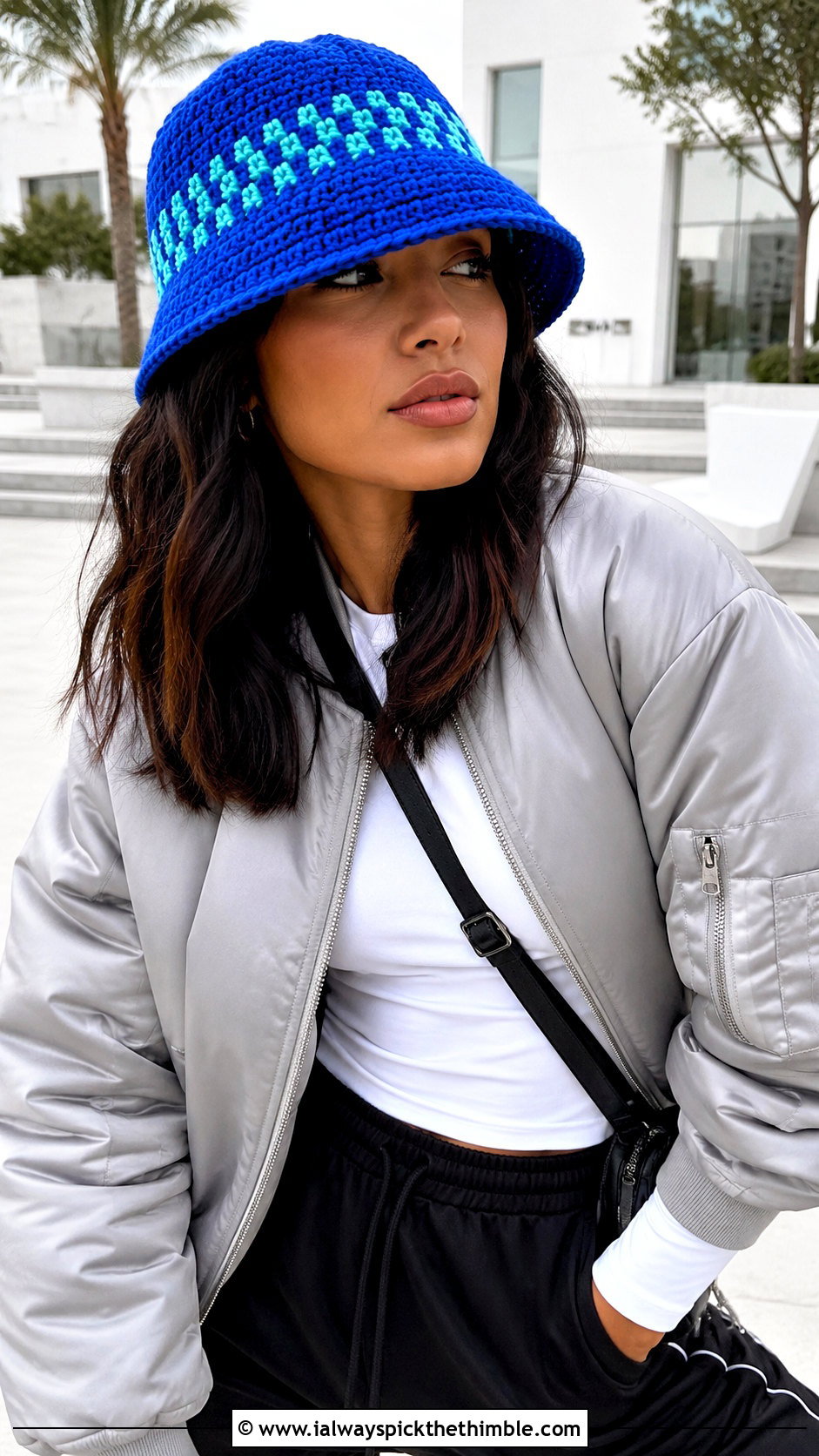 Crochet Bucket Hat With Bomber Jacket And Joggers - 25 crochet winter hat outfit ideas