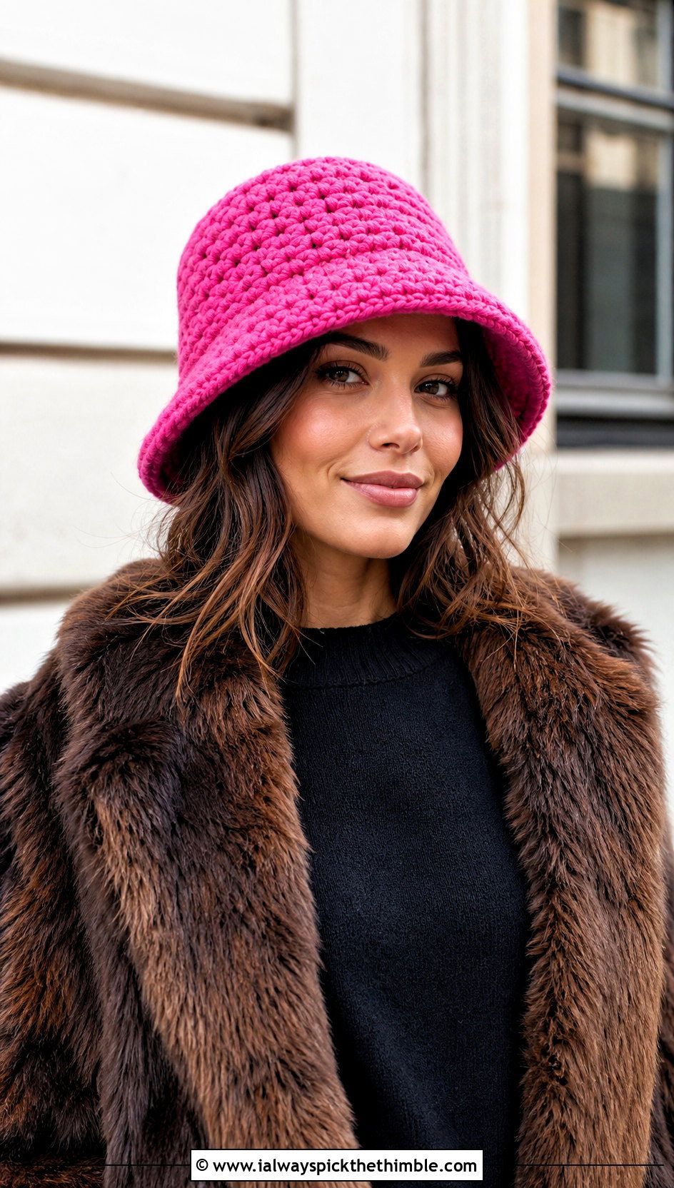 Crochet Bucket Hat With Faux Fur Jacket - 20 winter crochet outfit ideas
