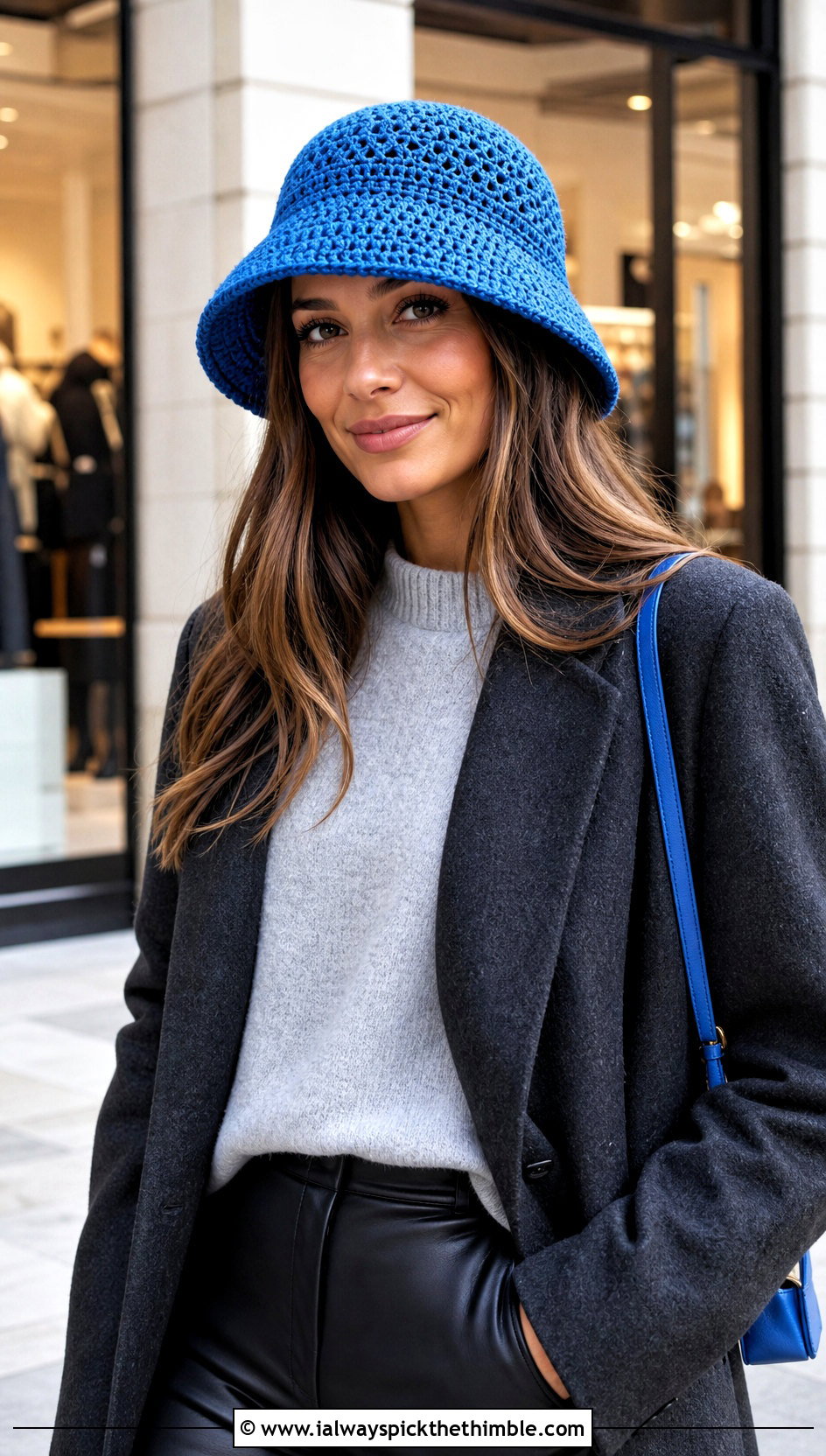 Crochet Bucket Hat With Long Coat And Leather Pants - 25 crochet winter hats outfit ideas