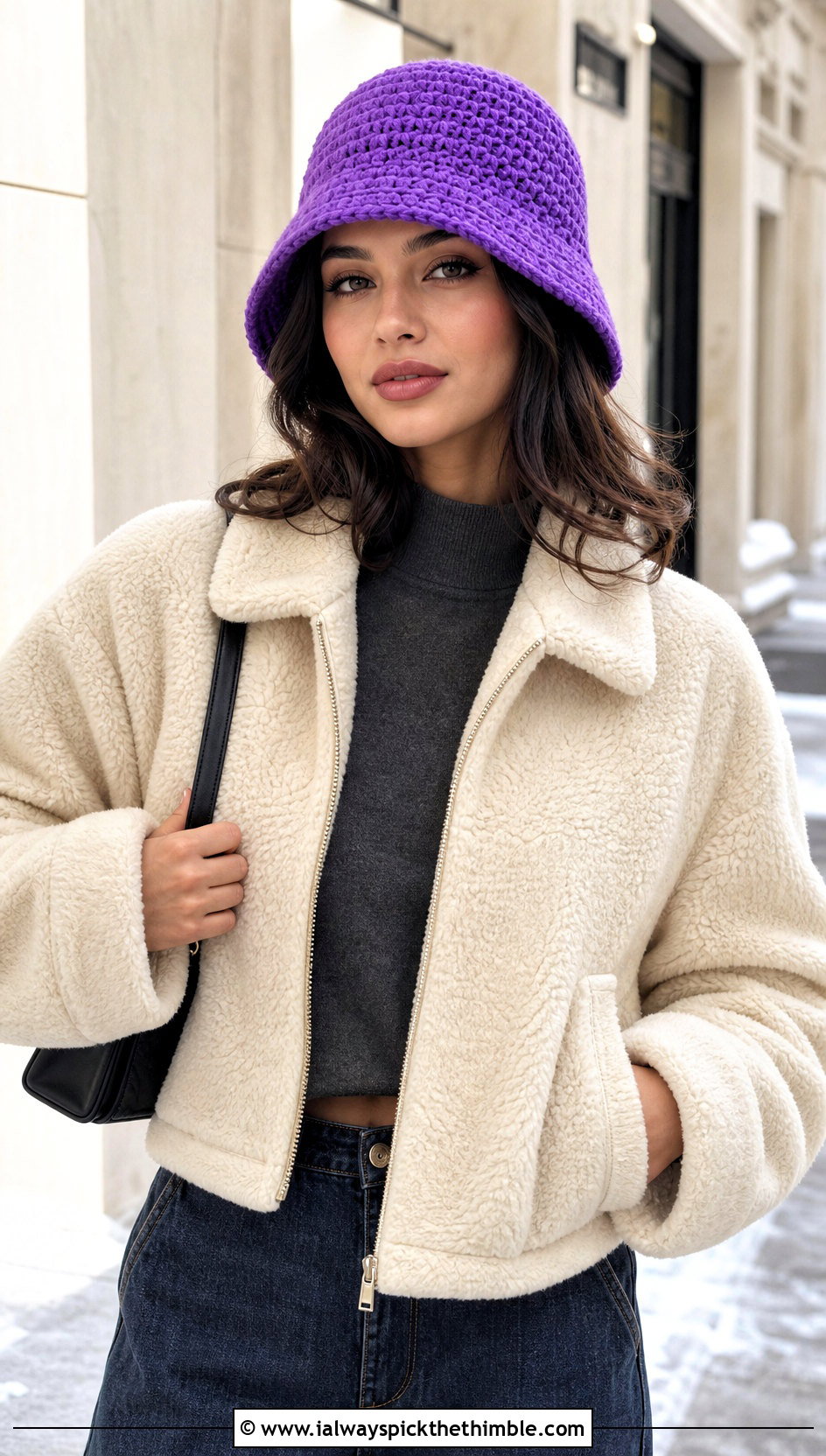 Crochet Bucket Hat With Shearling Jacket - 15 Crochet Warm Winter Hat outfit ideas