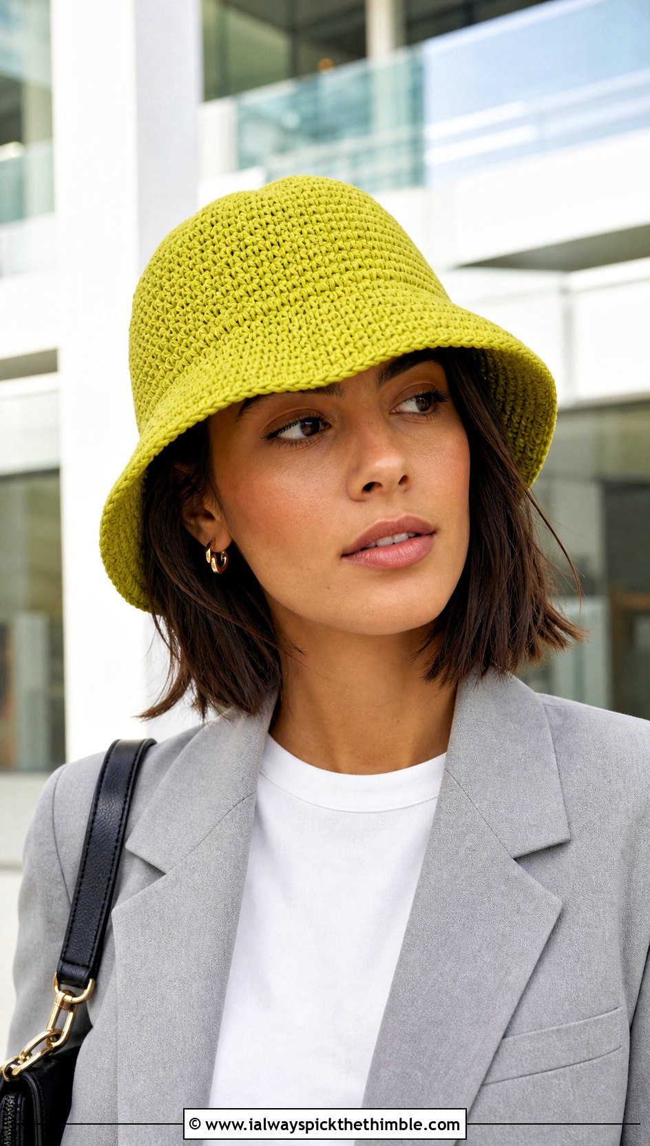 Crochet Bucket Hat With Tailored Trousers - 25 crocheted hats outfit ideas