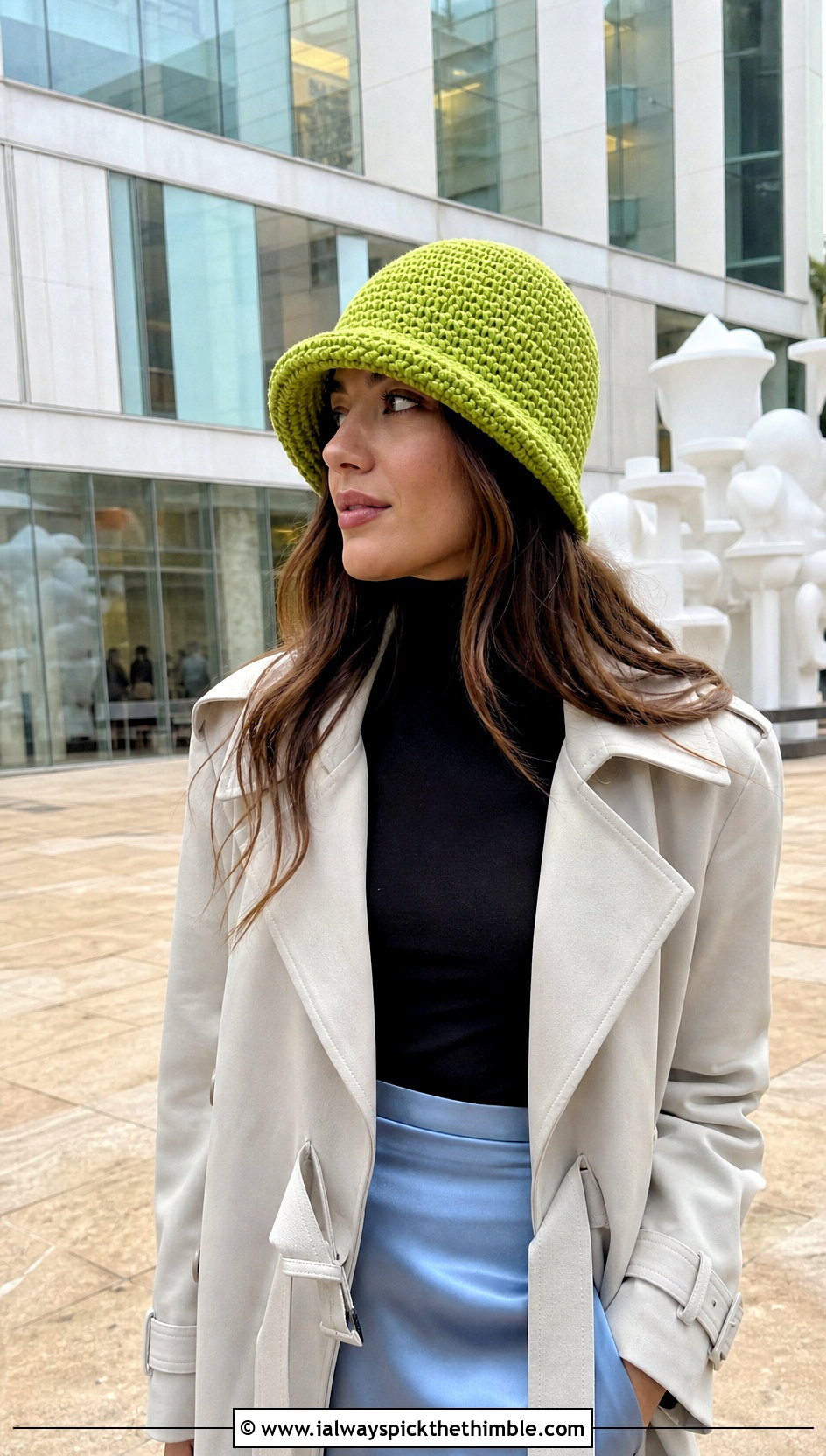 Crochet Bucket Hat With Trench Coat And Satin Skirt - 20 easy crochet winter hat outfit ideas