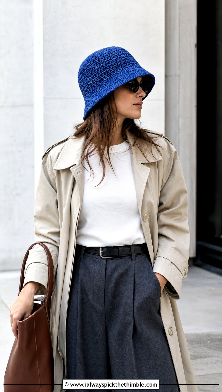 Crochet Bucket Hat With Trench Coat And Wide Leg Pants - 20 Cool Crochet Hat Ideas
