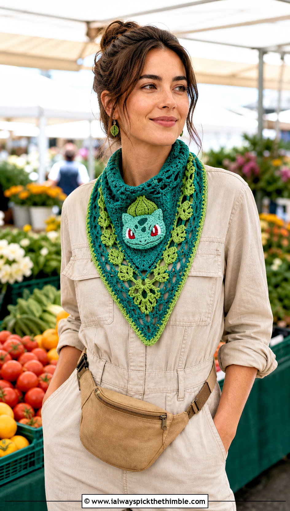 Crochet Bulbasaur Triangle Scarf With Utility Jumpsuit - 20 Crochet Pokemon Scarf outfit ideas