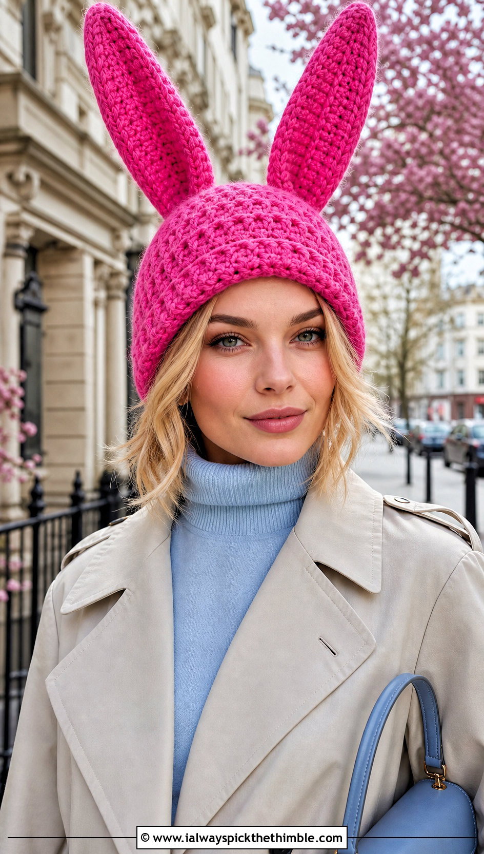 Crochet Bunny Ear Hat With Trench Coat - 20 Crochet Character Hat outfit ideas