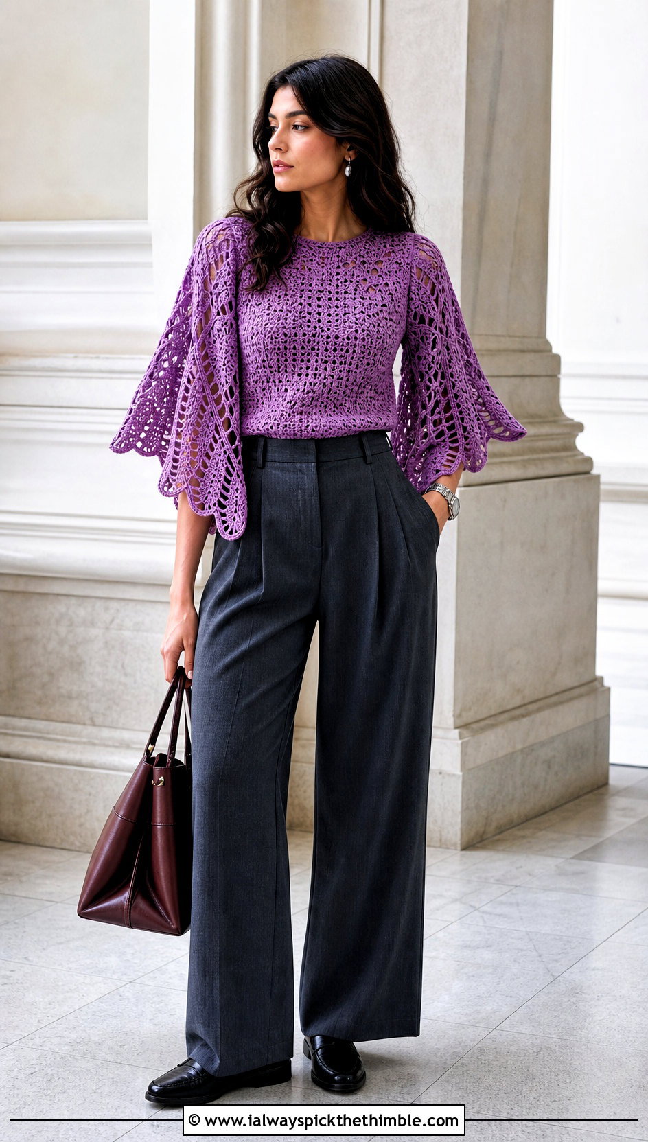 Crochet Butterfly Sleeve Top With Pleated Trousers - 20 crochet ruffle sleeve top outfit ideas