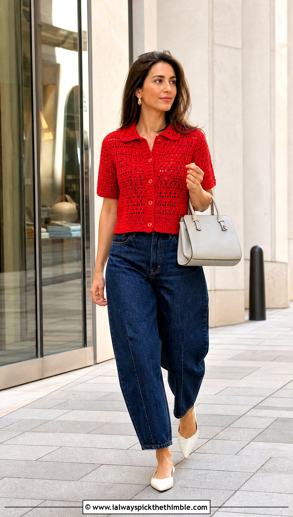 Crochet Button Collar Top With Barrel Jeans - 20 Crochet Top With Collar outfit ideas