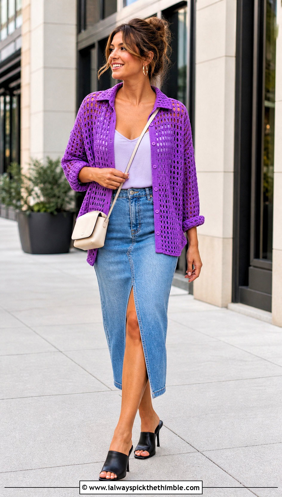Crochet Button Down Shirt With Denim Midi Skirt - 15 summer crochet outfits ideas
