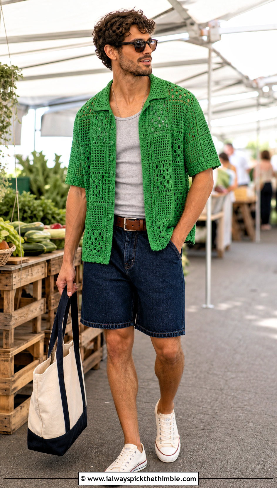 Crochet Button Down Shirt With Denim Shorts - 25 crochet men shirt outfit ideas
