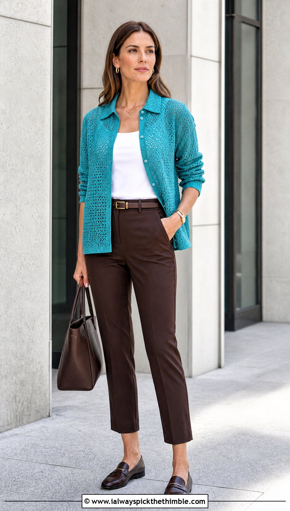 Crochet Button Down Shirt With Tailored Pants - 20 crochet fall outfits ideas