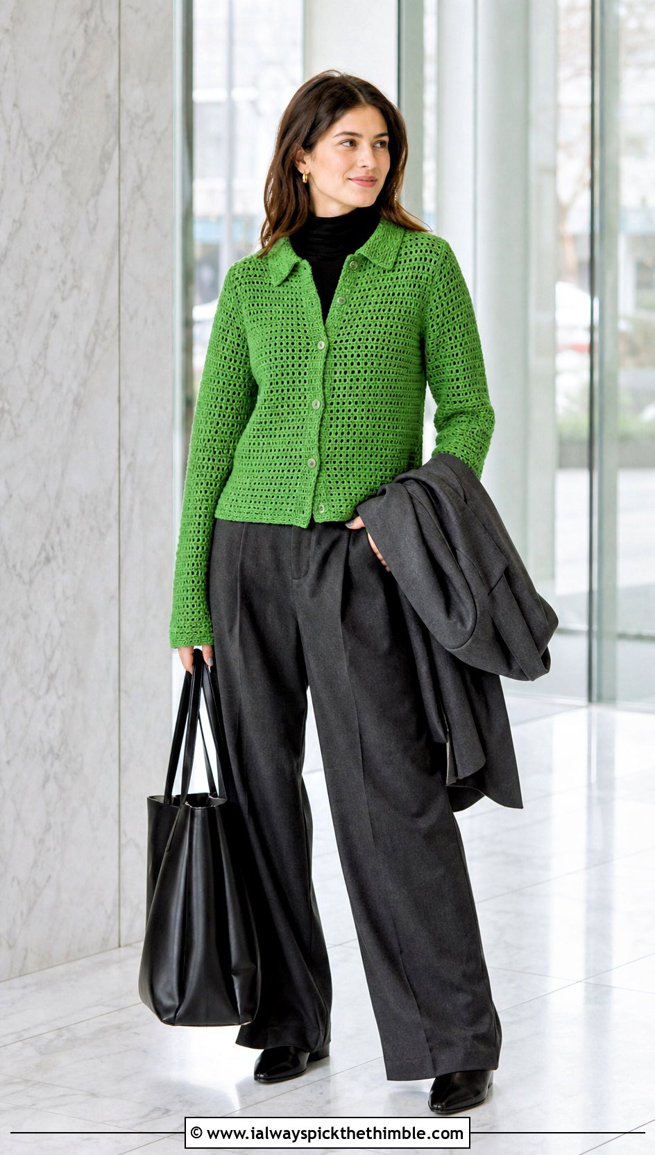 Crochet Button Down Shirt With Turtleneck And Wool Trousers - 25 crochet shirt outfit ideas