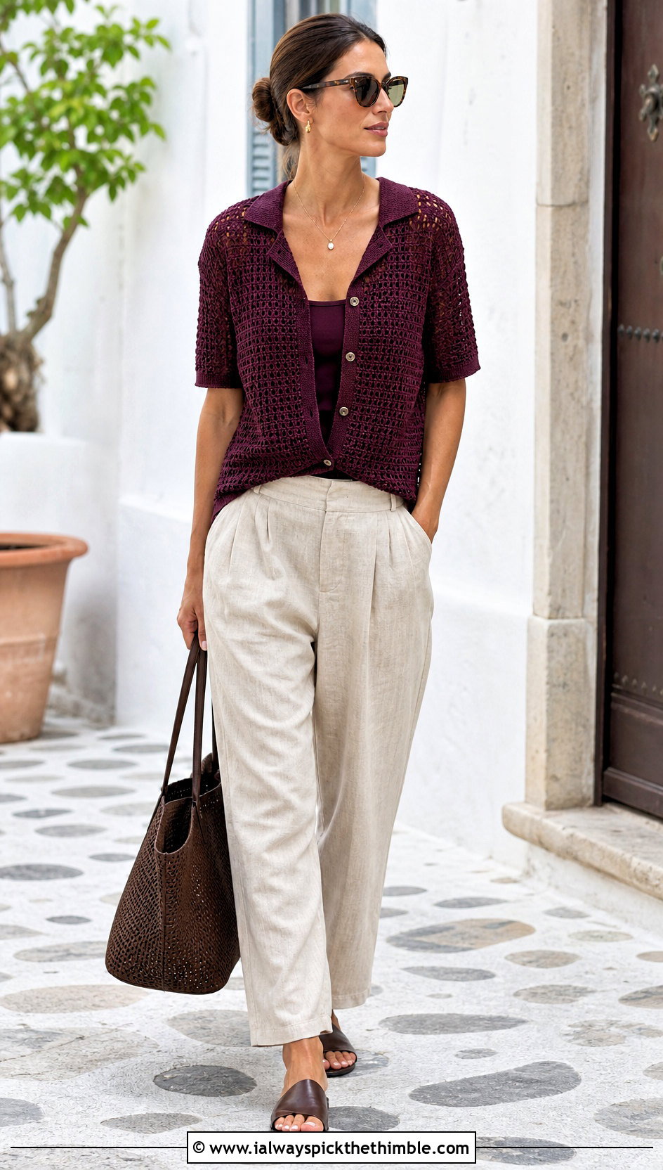 Crochet Button Down Top With Linen Trousers - 25 Elegant Crochet Top outfit ideas