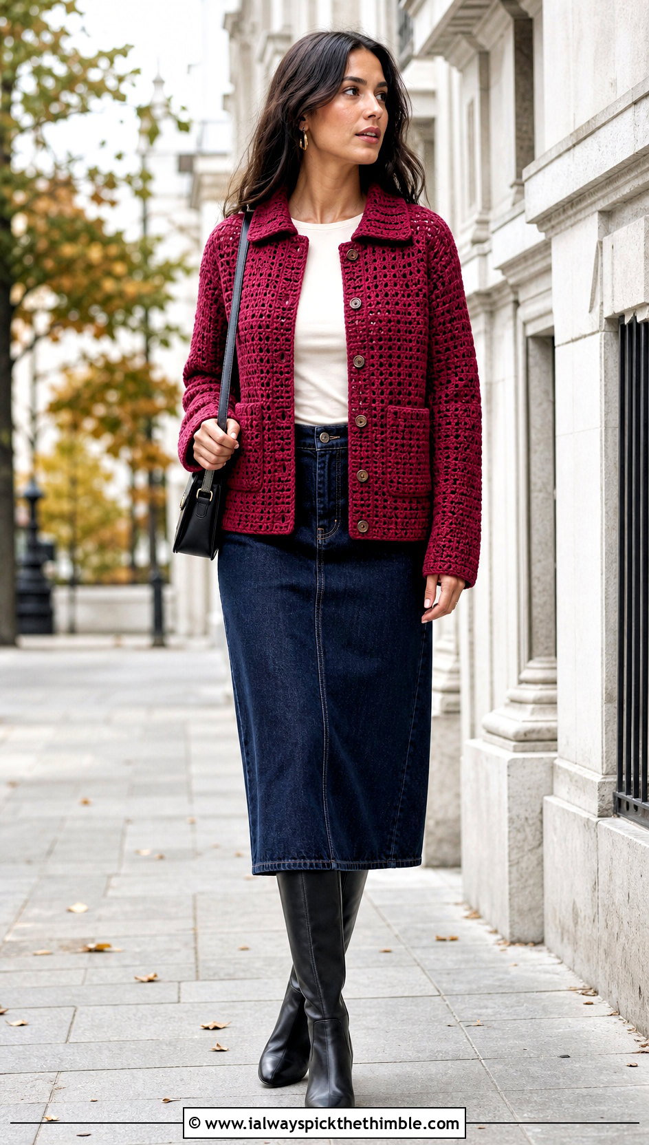 Crochet Button Front Jacket With Denim Skirt - 25 diy crochet clothes and outfit ideas