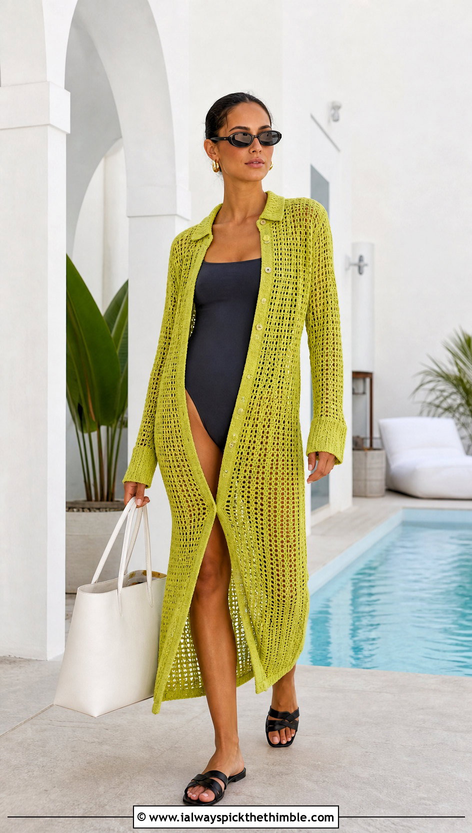 Crochet Button Front Shirt Dress Cover Up With Swimsuit - 20 easy crochet beach cover up outfit ideas