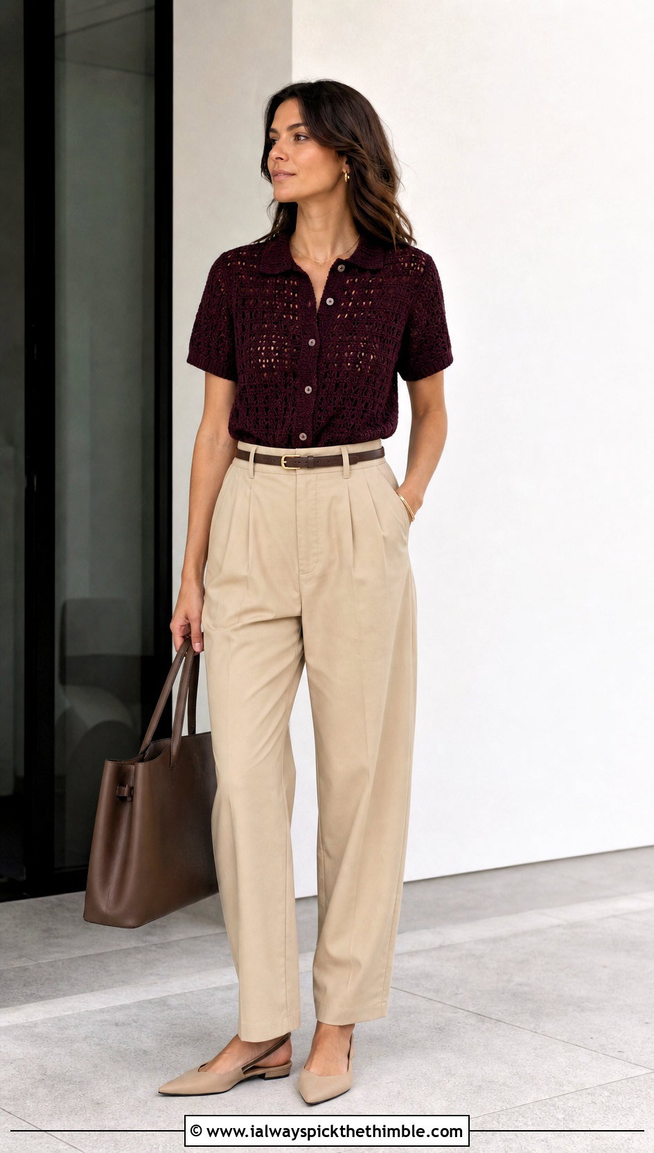 Crochet Button Front Top With Pleated Trousers - 25 crochet summer tops for women outfit ideas