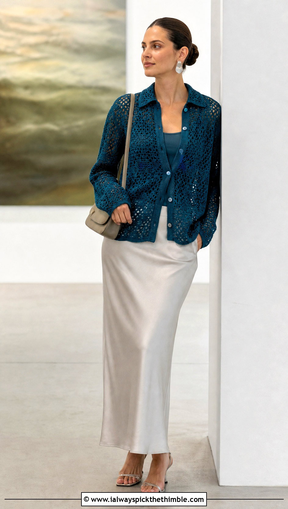 Crochet Button Up Shirt With Satin Column Skirt - 20 crochet summer clothing and outfit ideas