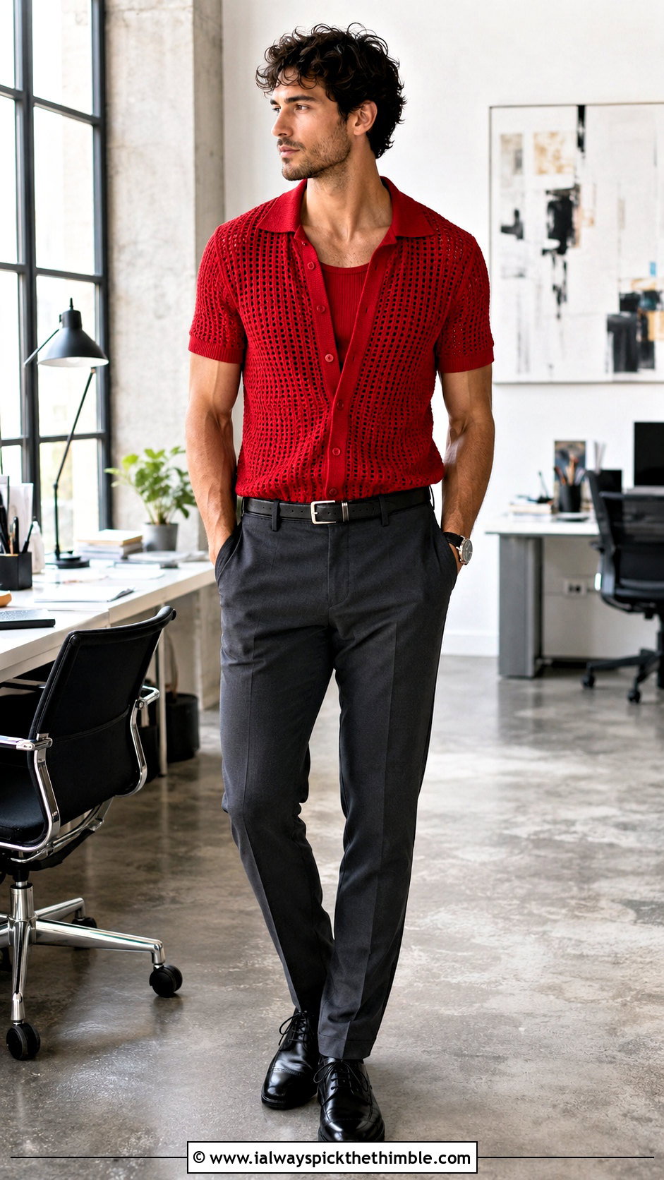 Crochet Button Up Shirt With Suit Trousers - 25 crochet top men outfit ideas