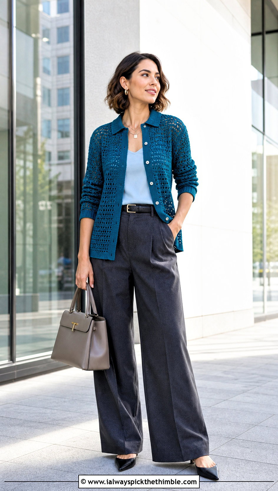 Crochet Button Up Shirt With Tailored Trousers - 25 spring summer crochet clothes ideas