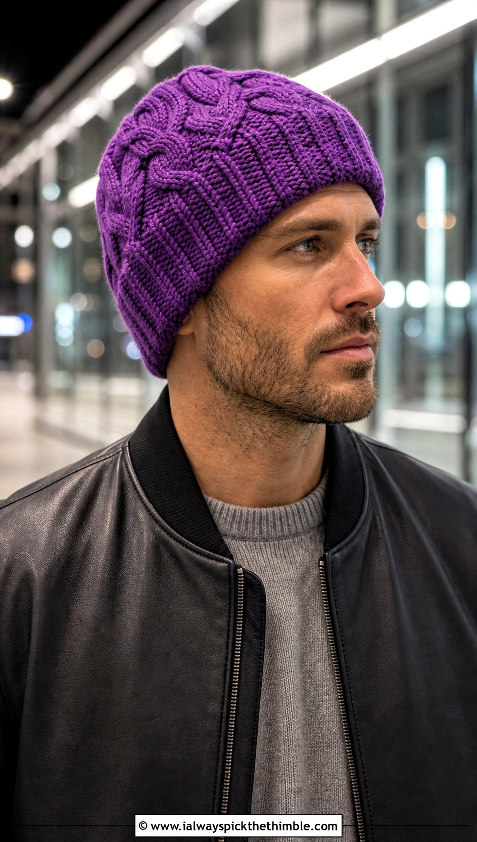Crochet Cable Beanie With Leather Jacket - 15 Crochet Mens Hats outfit ideas