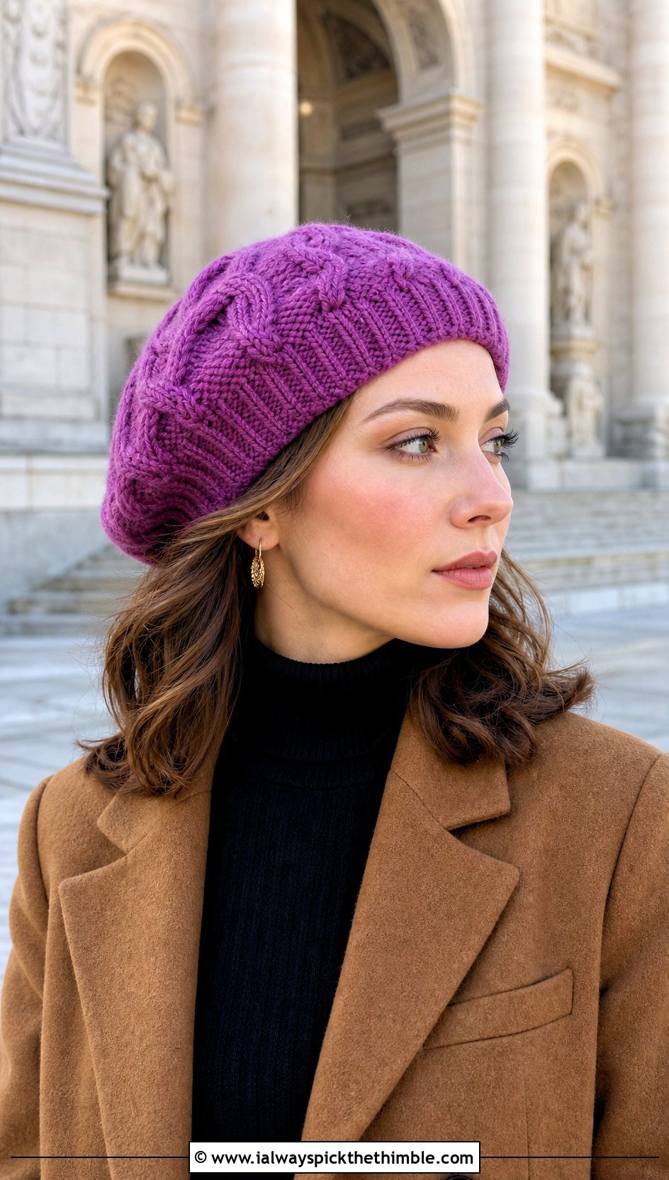 Crochet Cable Beret With Tailored Coat - 25 crochet cable hat outfit ideas