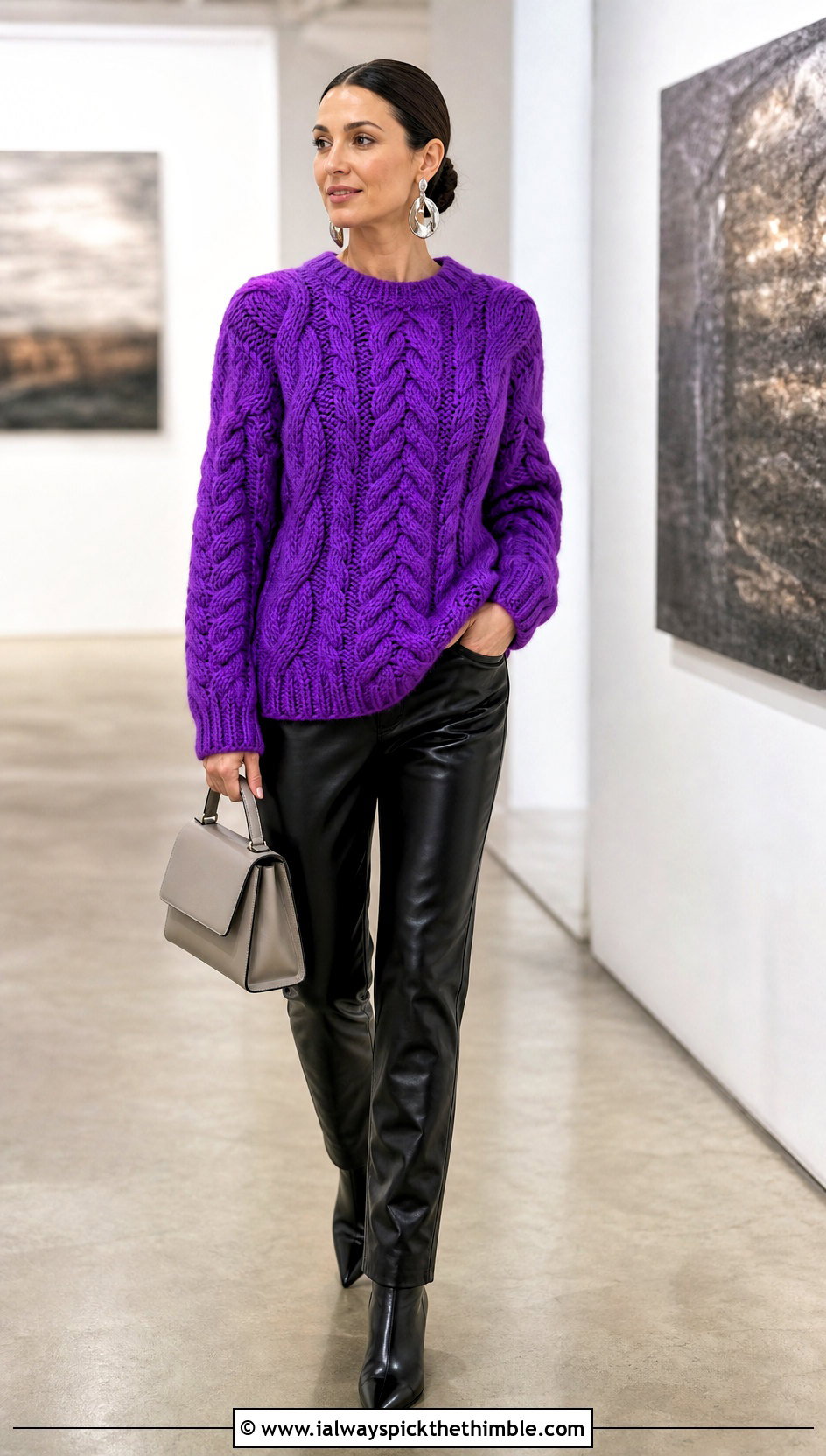 Crochet Cable Sweater With Leather Pants - 20 unique crochet sweater outfit ideas