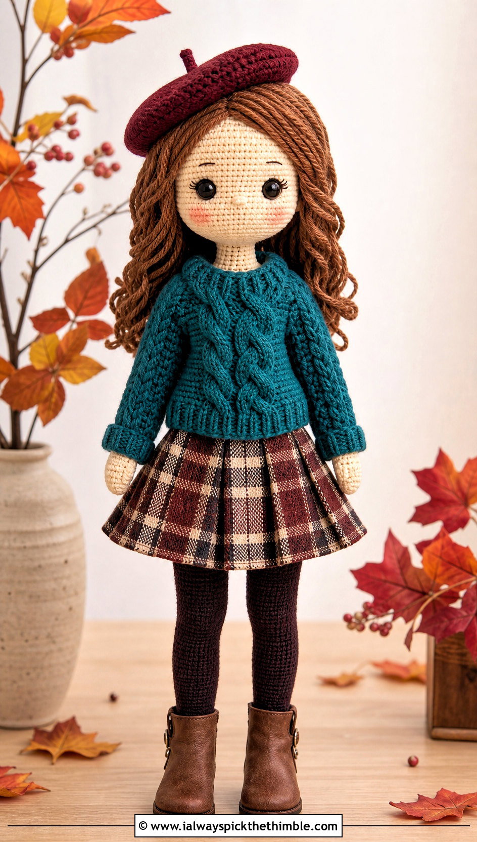 Crochet Cable Sweater With Plaid Skirt And Boots - 20 crochet doll and clothes and outfit ideas