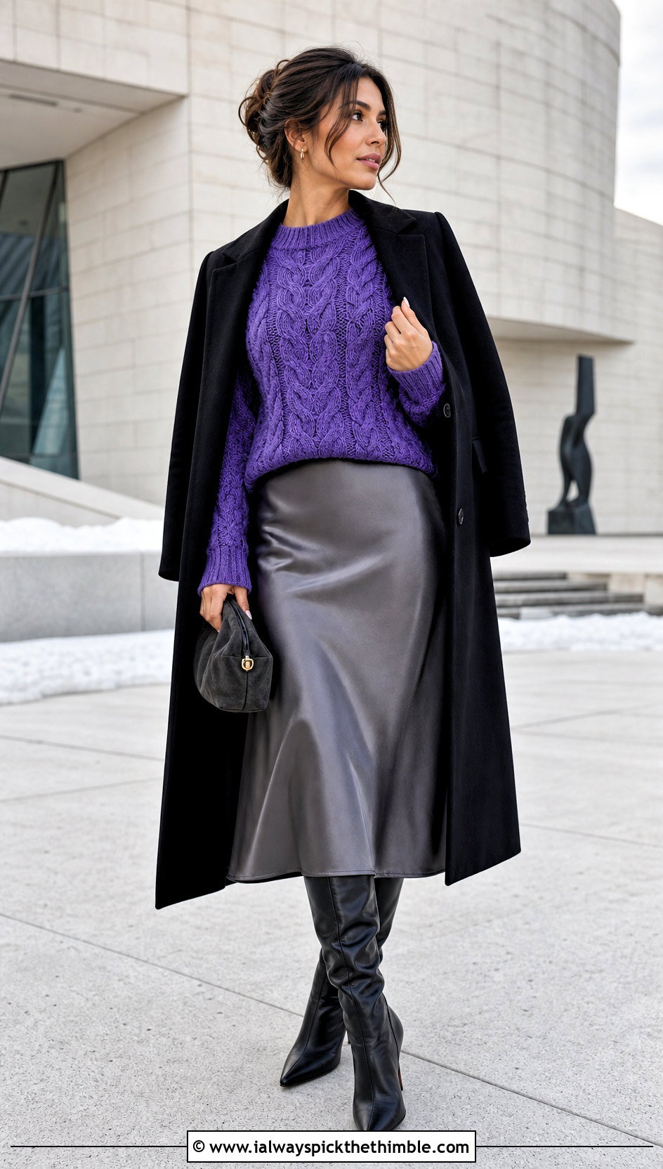 Crochet Cable Sweater With Satin Midi Skirt - 20 winter crochet clothes ideas