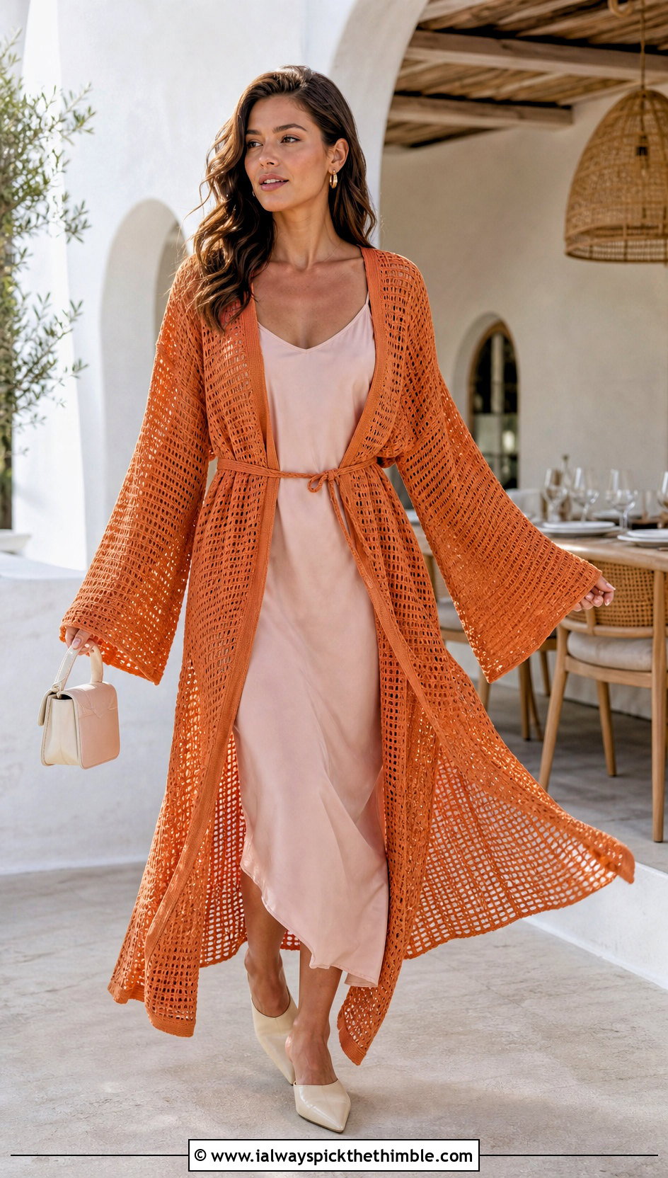 Crochet Caftan Cover Up With Slip Dress - 20 easy crochet cover up outfit ideas
