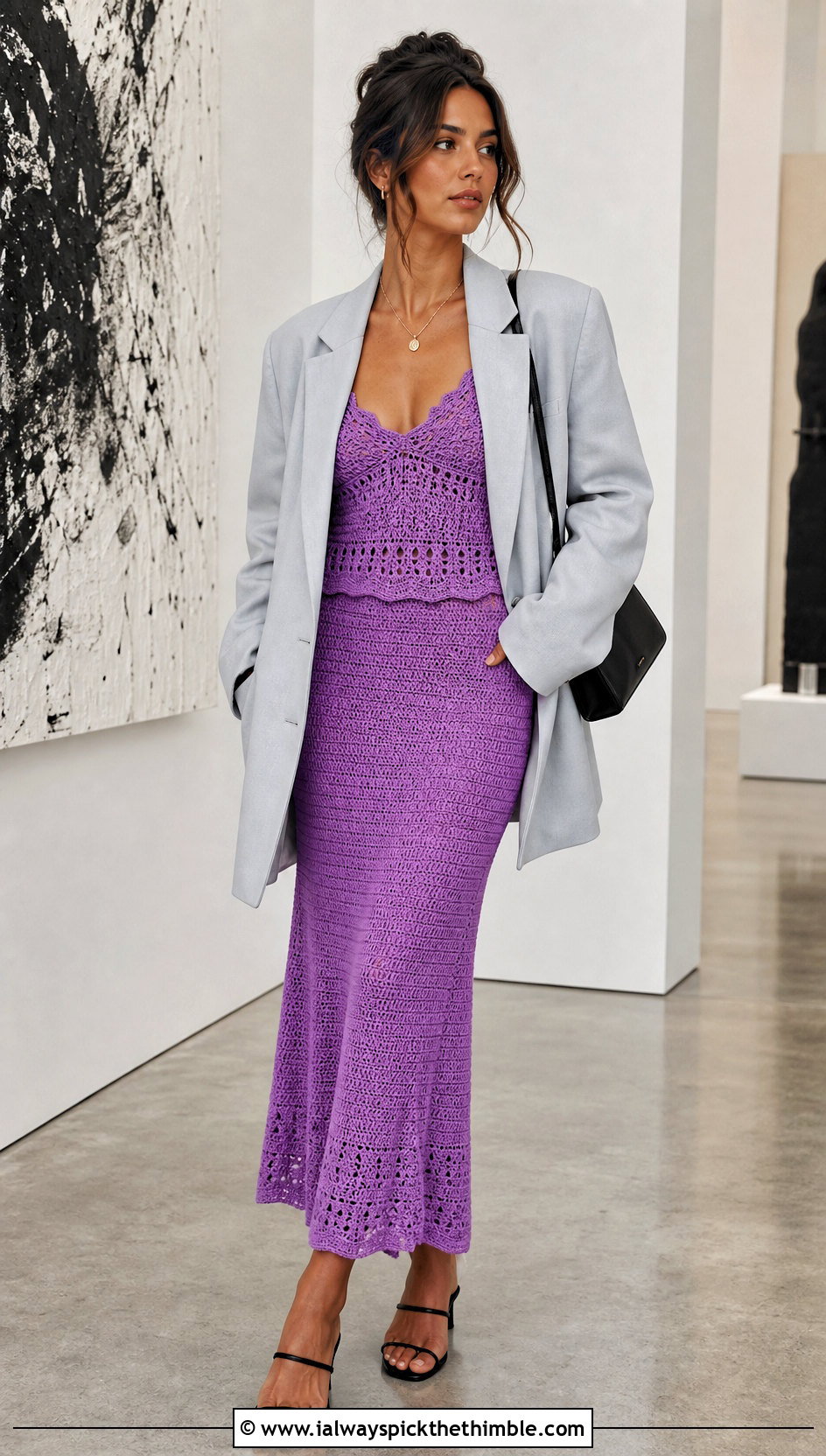 Crochet Camisole Top And Slip Skirt Set With Oversized Blazer - 25 crochet skirt and top set outfit ideas