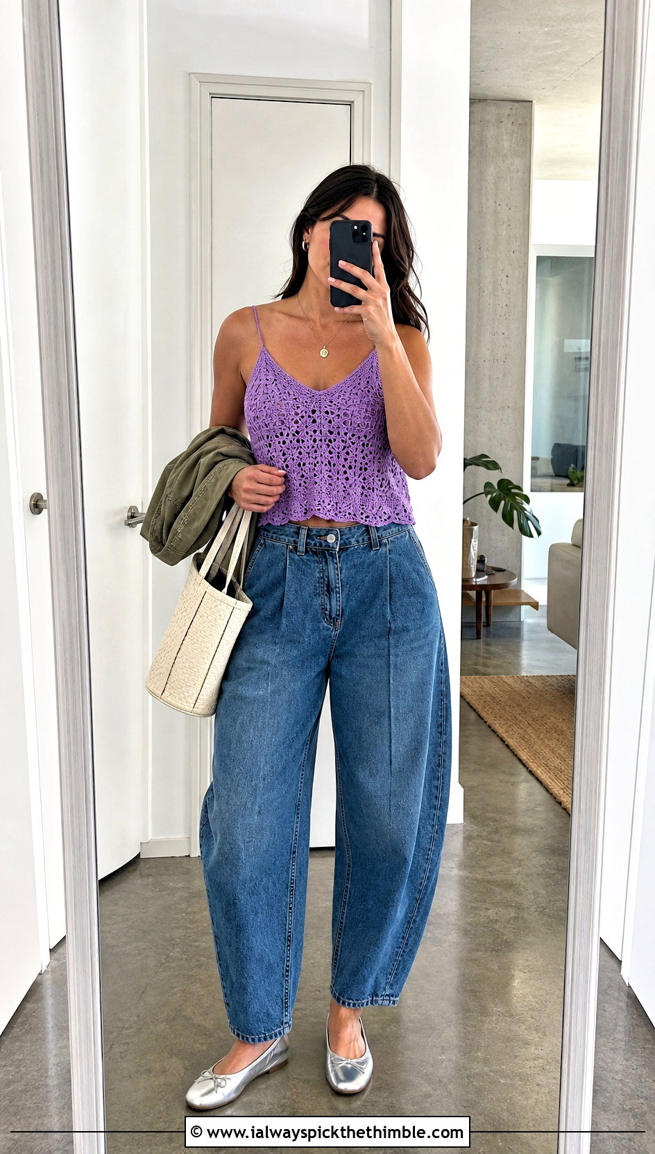 Crochet Camisole Top With Barrel Leg Jeans - 20 modern crochet top outfit ideas