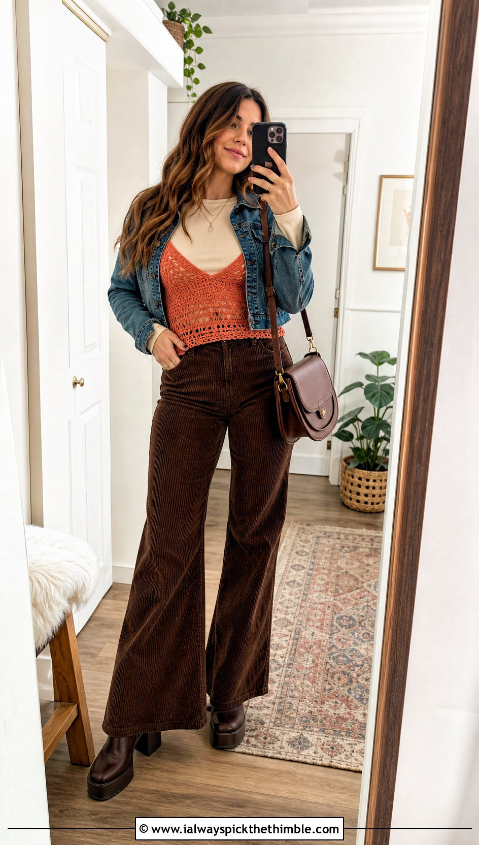 Crochet Camisole Top With Corduroy Flared Pants - 20 70s crochet top outfit ideas