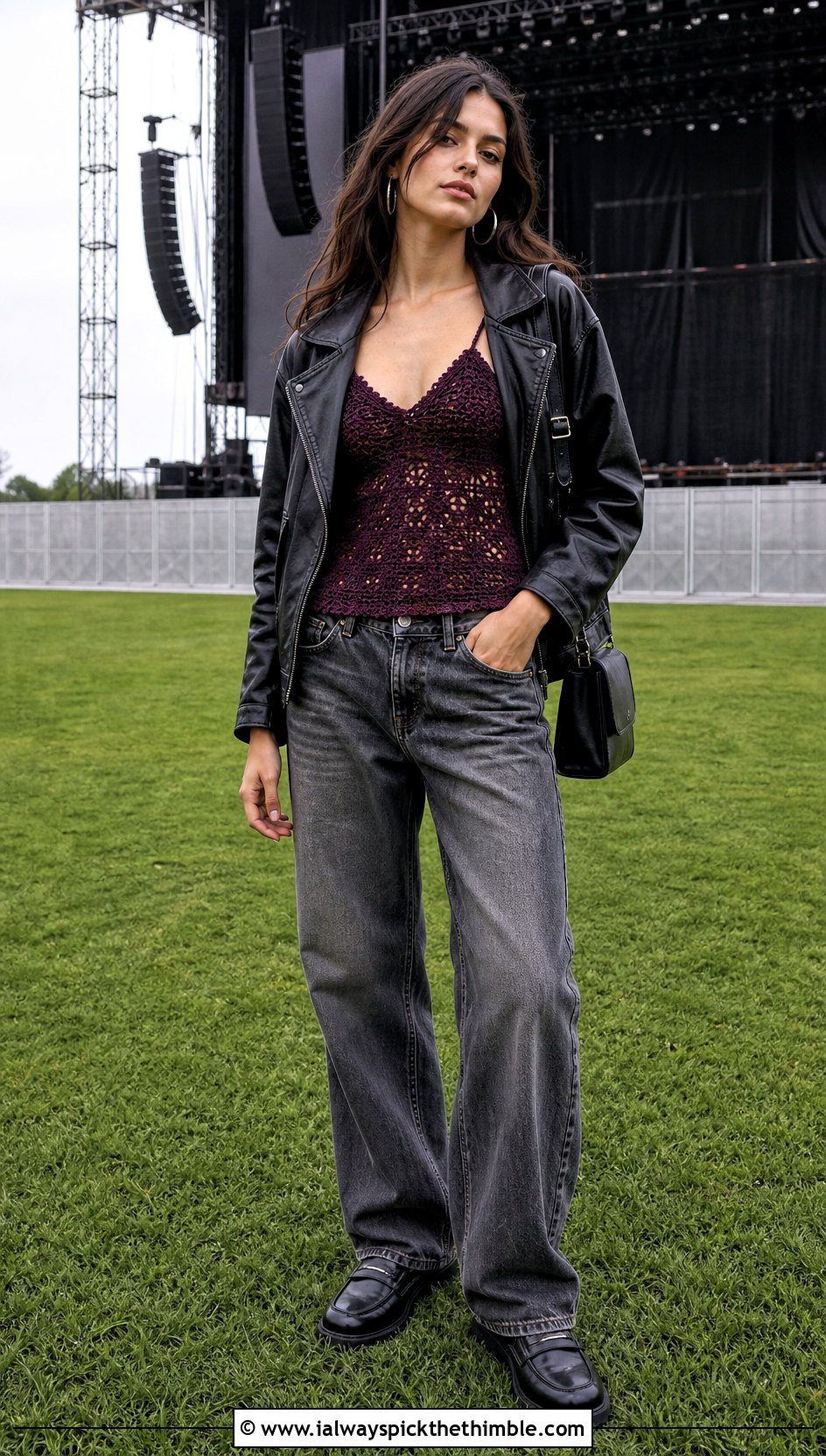 Crochet Camisole Top With Leather Jacket And Jeans - 15 crochet top on grass outfit ideas
