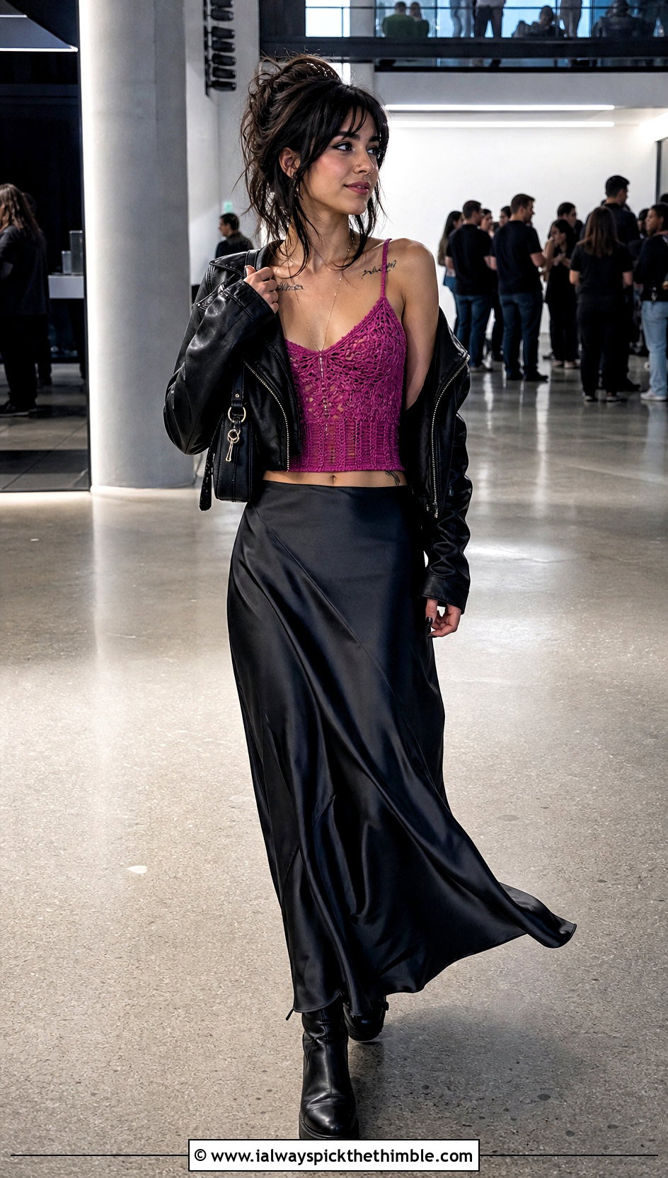 Crochet Camisole Top With Satin Maxi Skirt - 20 emo crochet top outfit ideas