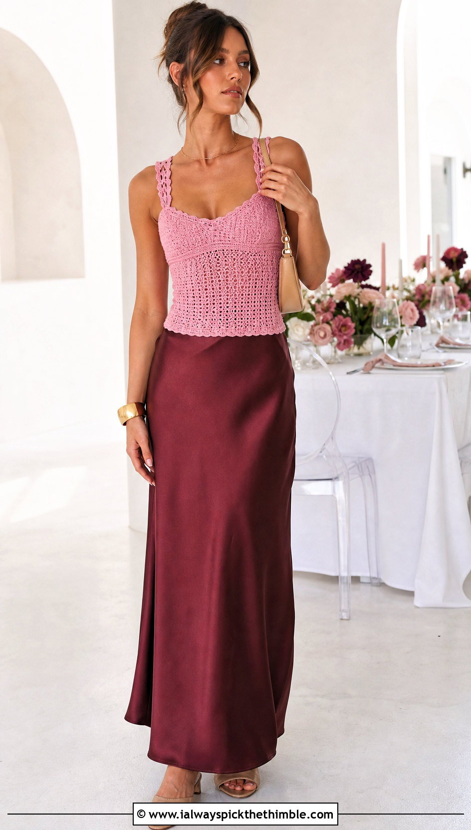 Crochet Camisole Top With Satin Maxi Skirt - 15 honey punch crochet top outfit ideas