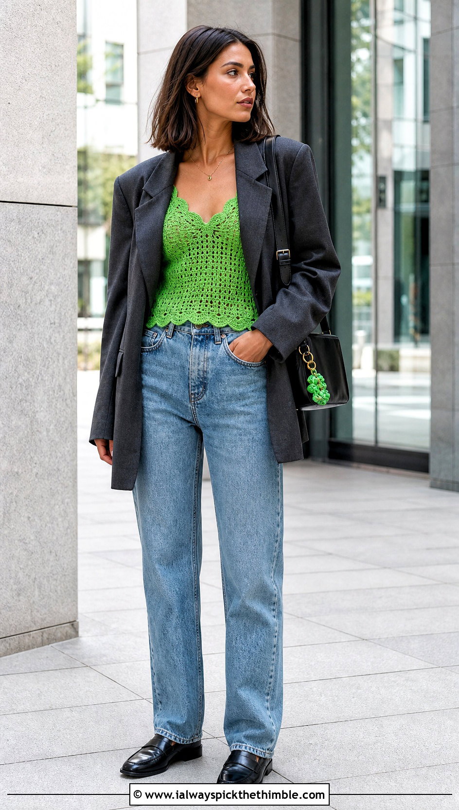 Crochet Camisole With Blazer And Jeans - 25 Kawaii Crochet Clothes and outfit ideas