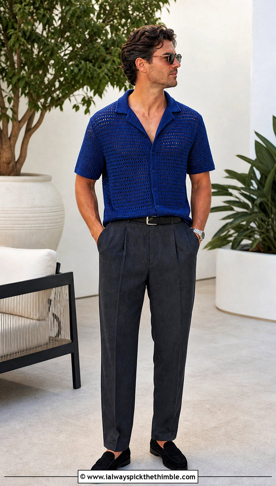 Crochet Camp Collar Shirt With Pleated Trousers - 25 crochet top for men outfit ideas