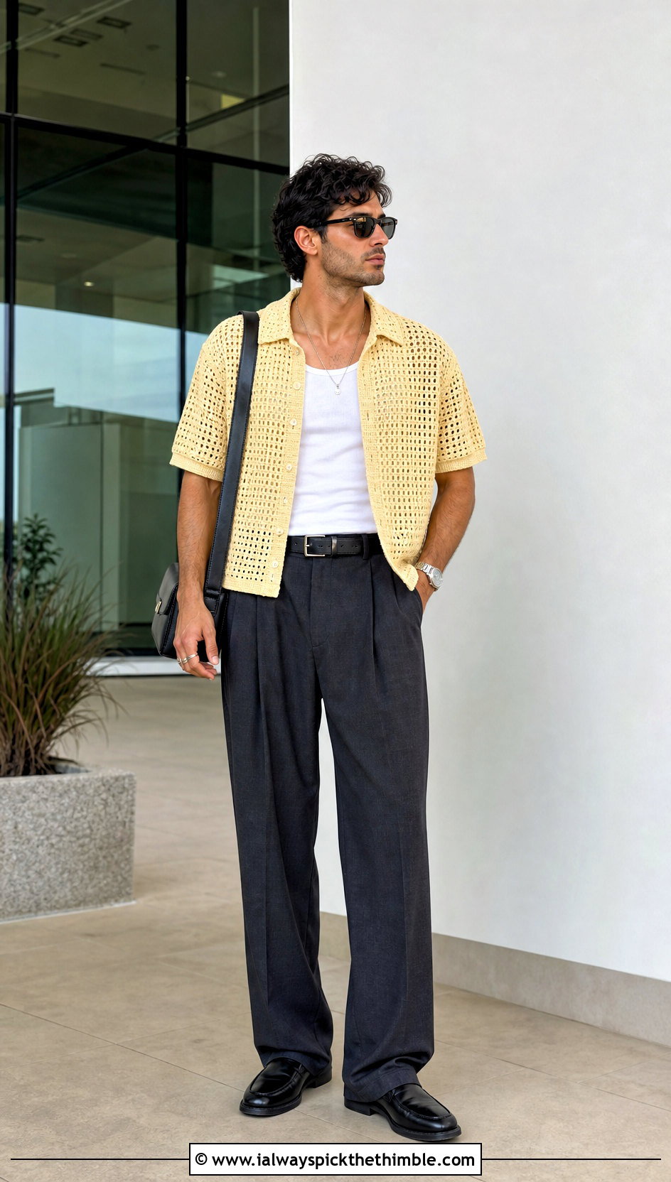 Crochet Camp Collar Shirt With Wide Leg Trousers - 25 crochet men shirt outfit ideas