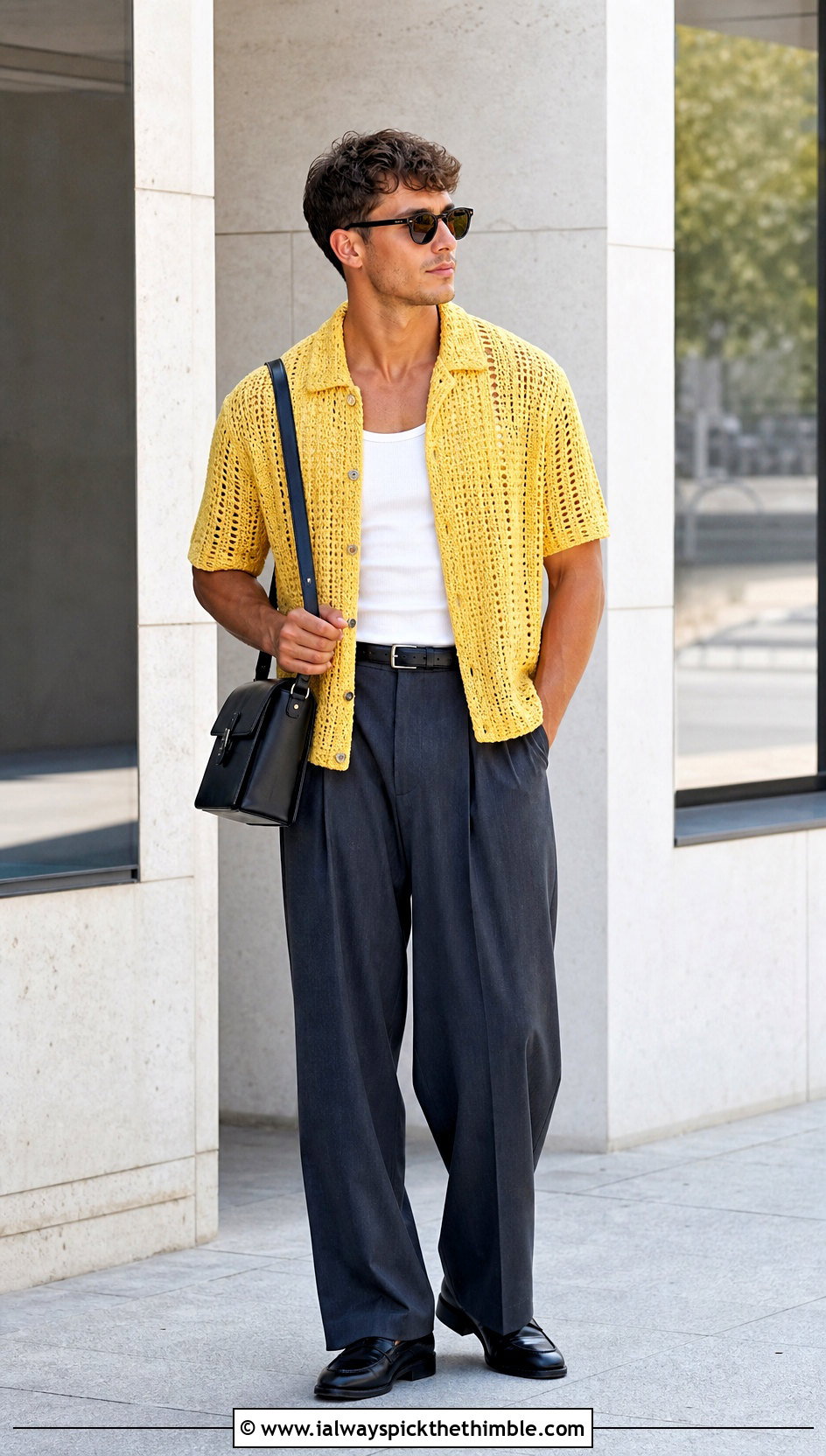 Crochet Camp Collar Shirt With Wide Leg Trousers - 25 mens crochet shirt outfit ideas